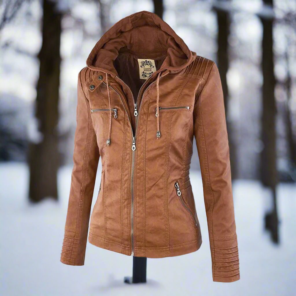 Women's Biker Jacket – Imitation Leather – Slim Fit – Hood with Drawstring – Zipper Pockets