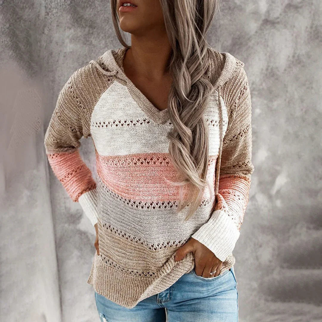 Women's Sweater – Relaxed Fit – Knitted Cotton – V-neck – Textured Pattern