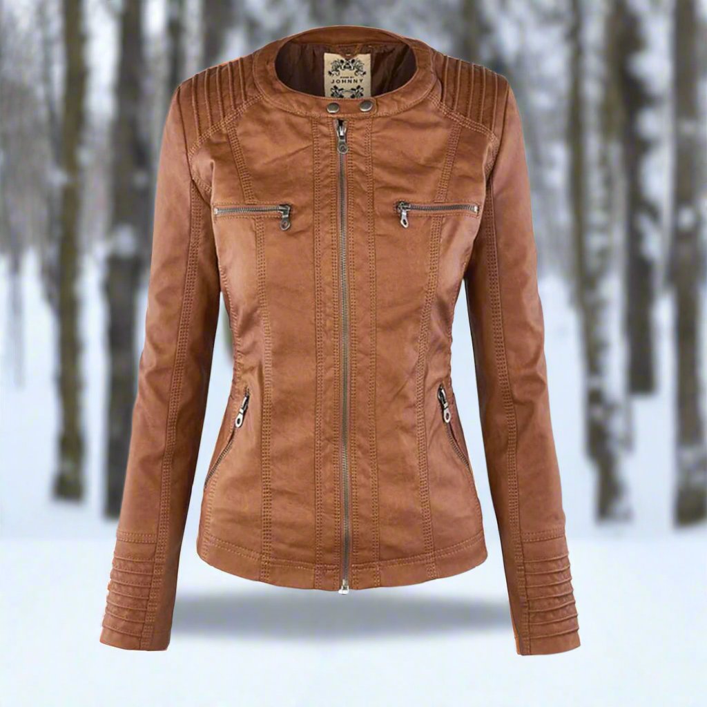 Women's Biker Jacket – Imitation Leather – Slim Fit – Hood with Drawstring – Zipper Pockets