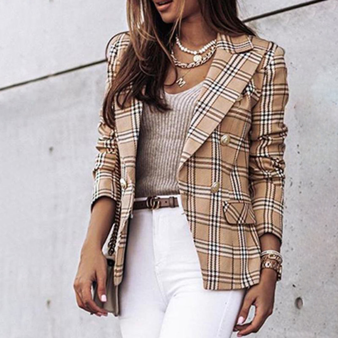 Women's Blazer – Tailored Fit – Check Pattern – Double-Breasted – Textured Design