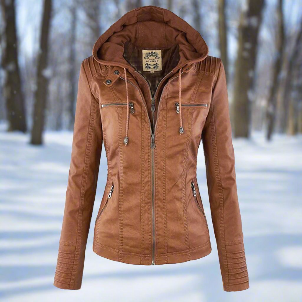 Women's Biker Jacket – Imitation Leather – Slim Fit – Hood with Drawstring – Zipper Pockets