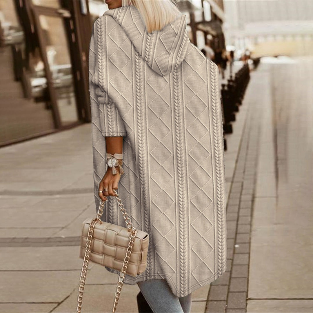 Women's Coat – Knitted Material – Hood – Oversized Fit – Cable Pattern – Long Sleeves – Pockets