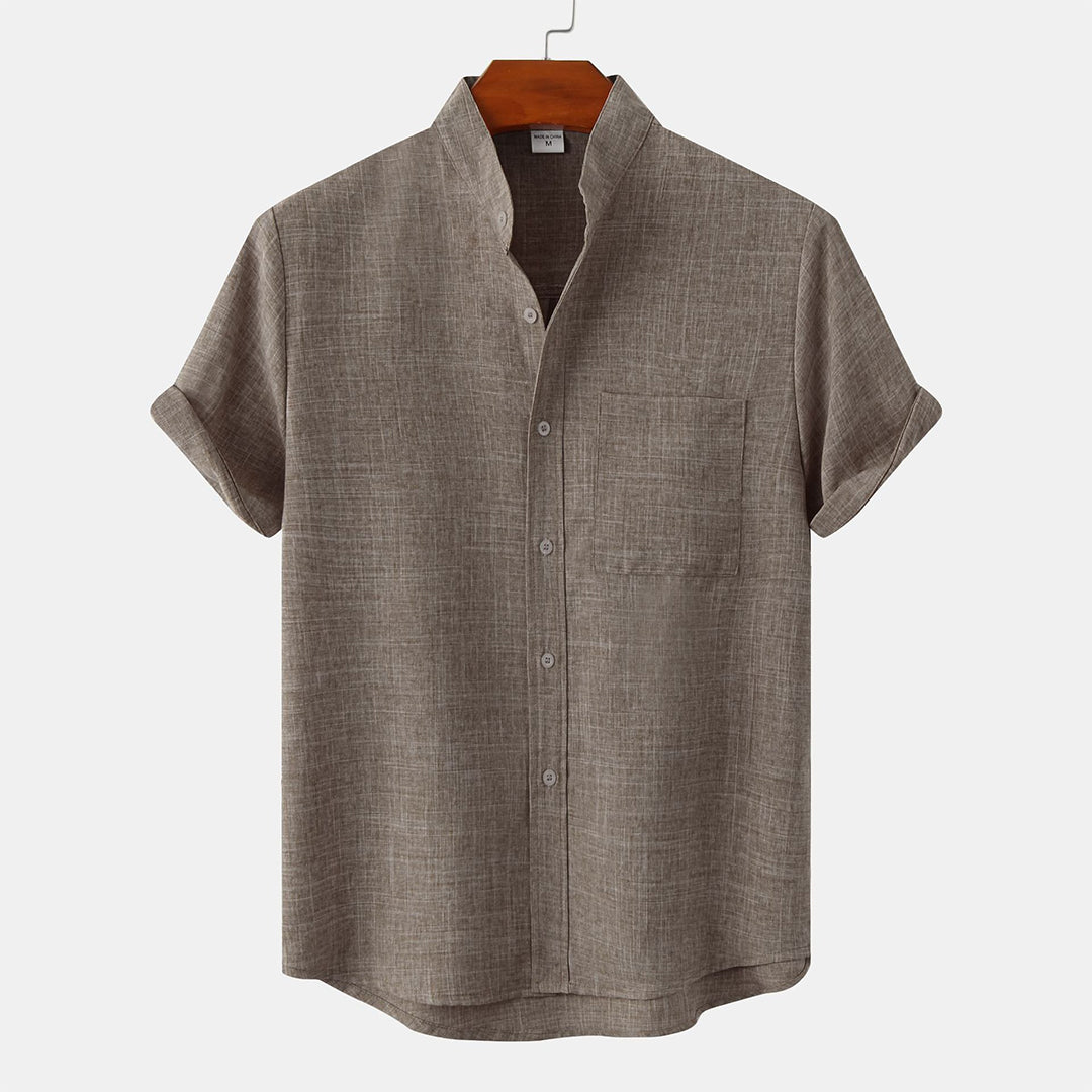 Men's Shirt - Linen Blend - Relaxed Fit - Short Sleeves - Mandarin Collar