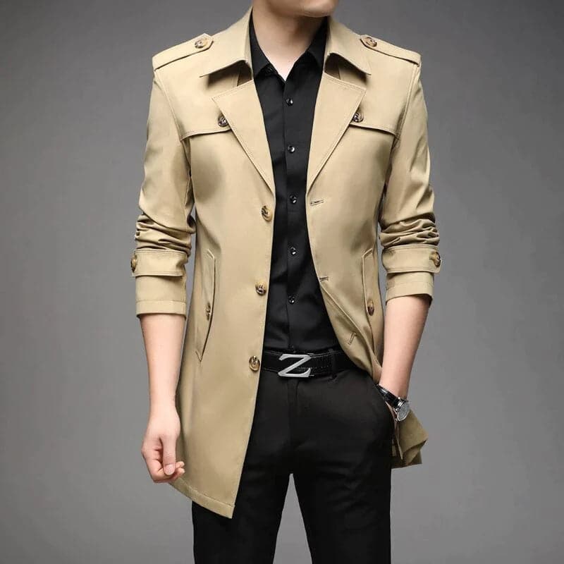Men's Trench Coat - Classic Cut - Medium Length - Double-Breasted - Adjustable Cuffs