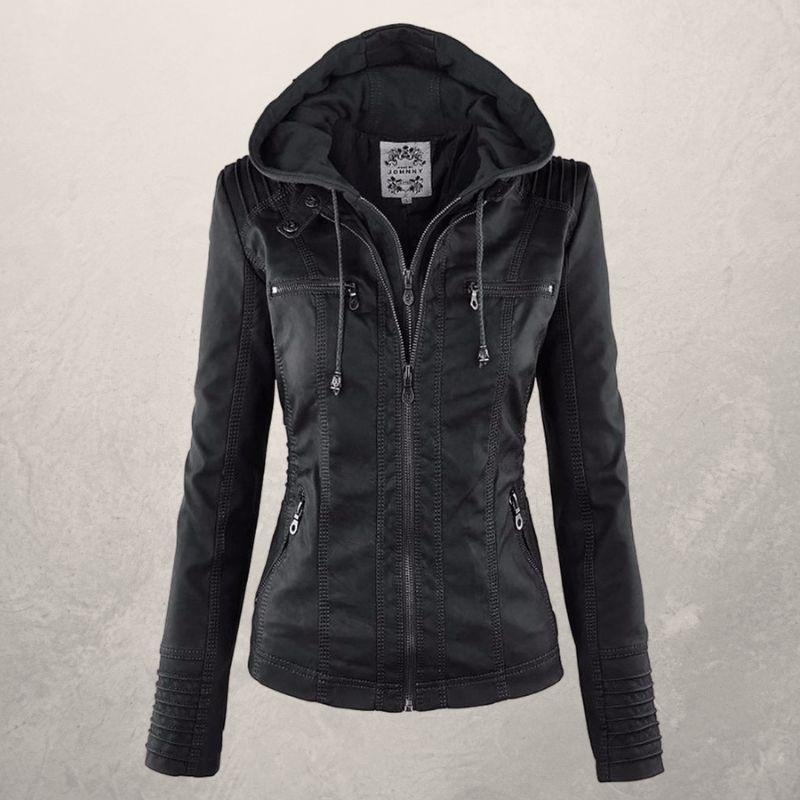 Freya Leather Jacket | Faux Leather Slim Fit Hooded Zip Front Jacket