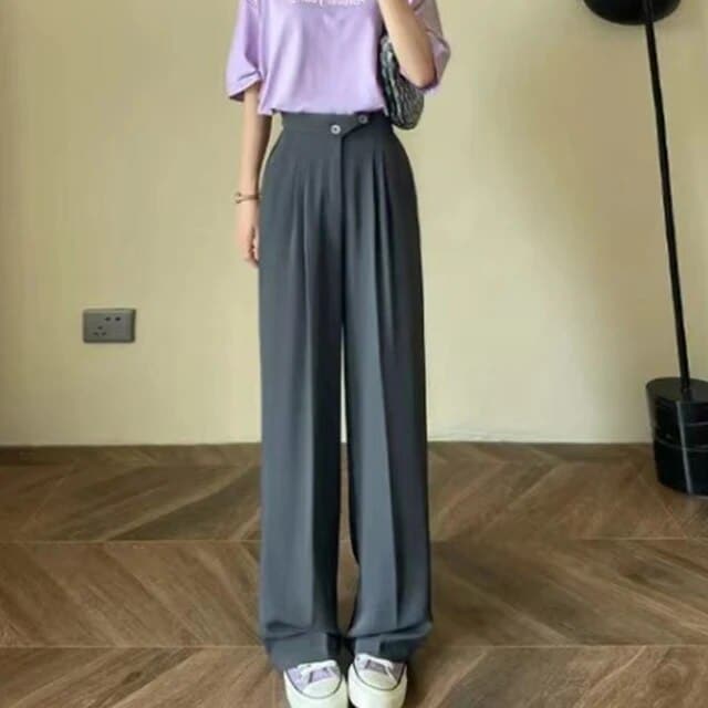Women's Pants - High Waist - Wide Legs - Elegant Cut with Pleats - Comfortable Fit
