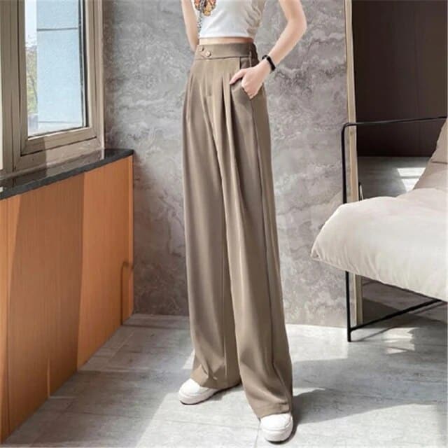 Women's Pants - High Waist - Wide Legs - Elegant Cut with Pleats - Comfortable Fit