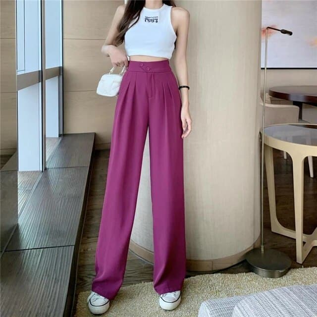 Women's Pants - High Waist - Wide Legs - Elegant Cut with Pleats - Comfortable Fit