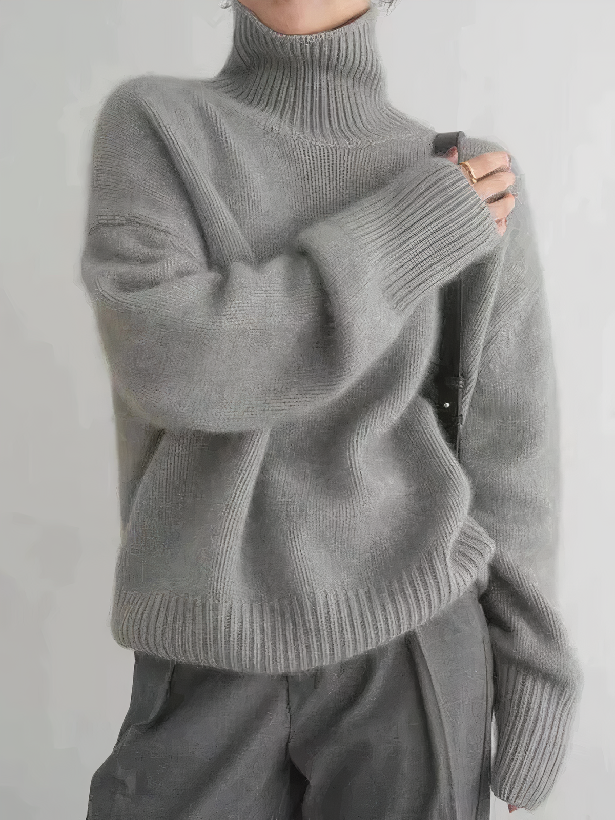 Women's Knitted Sweater - Oversized Fit - High Neck - Soft Wool Blend - Ribbed Edge