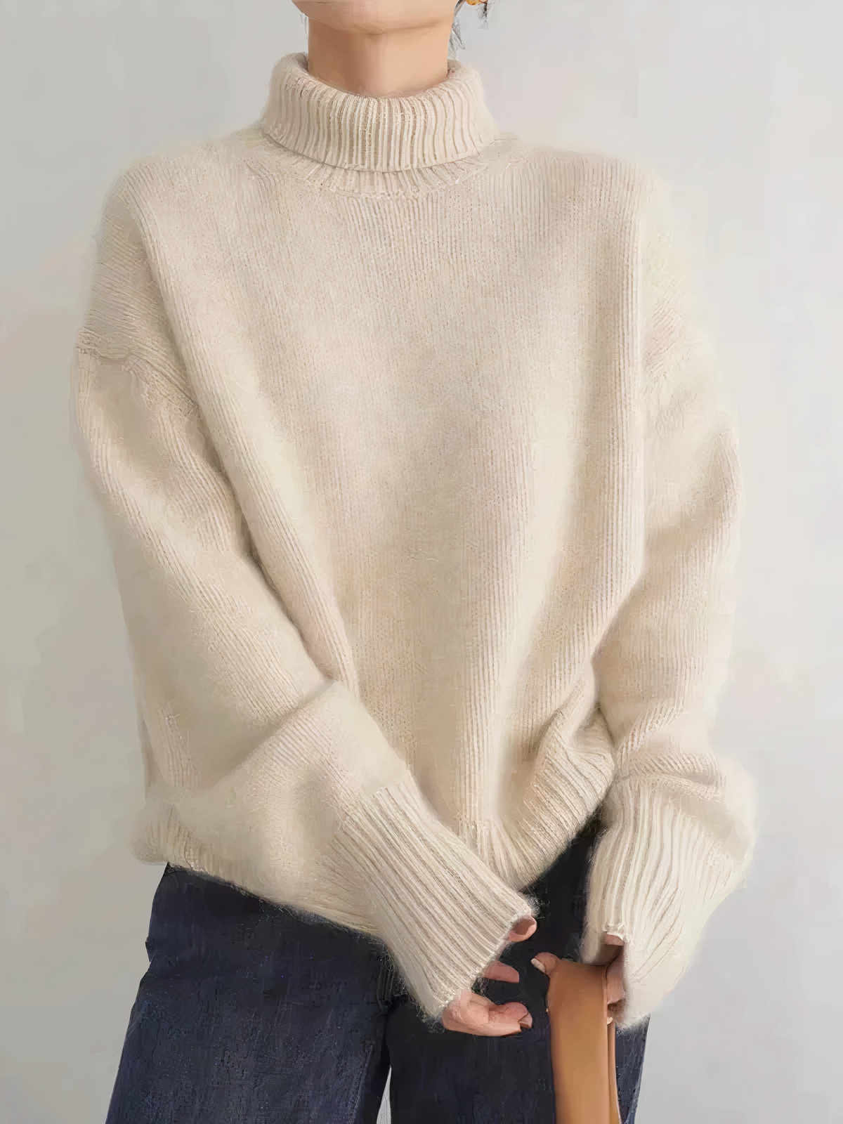 Women's Knitted Sweater - Oversized Fit - High Neck - Soft Wool Blend - Ribbed Edge