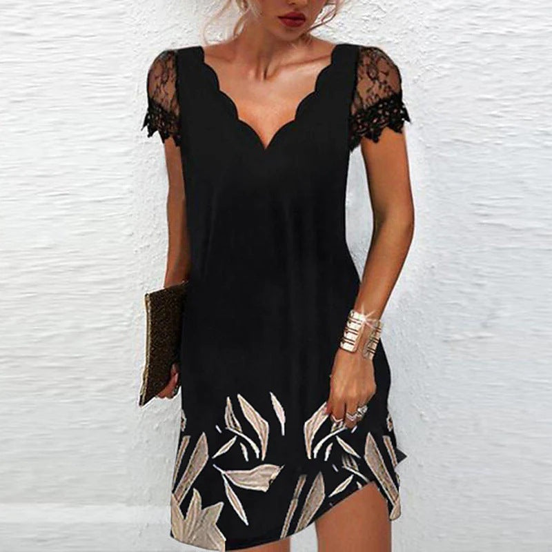 Dress for Women – Slim Fit – Elegant Style – Lace Sleeves – Sculpted Neckline