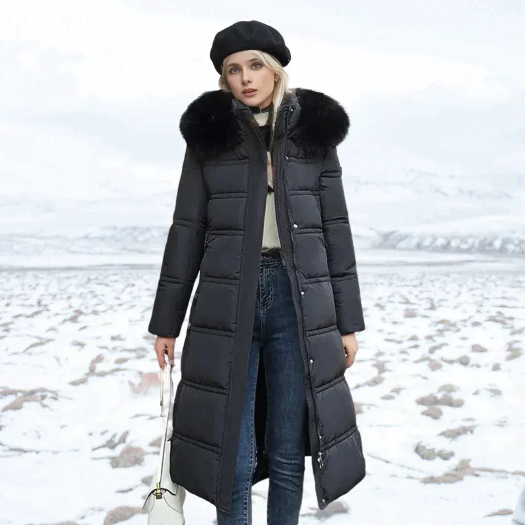 Long Down Jacket for Women – Warm and Light – With Hood and Faux Fur – Zipper Closure