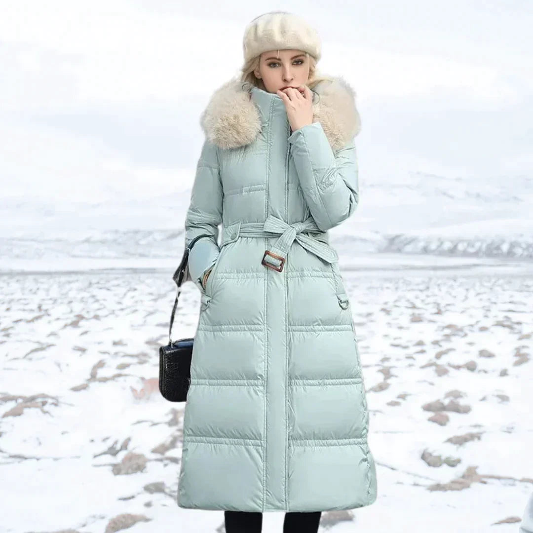 Long Down Jacket for Women – Warm and Light – With Hood and Faux Fur – Zipper Closure