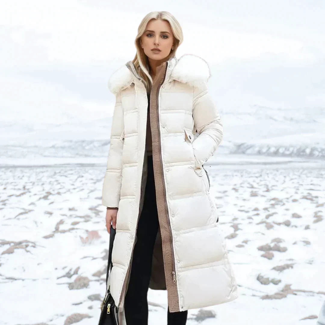 Long Down Jacket for Women – Warm and Light – With Hood and Faux Fur – Zipper Closure