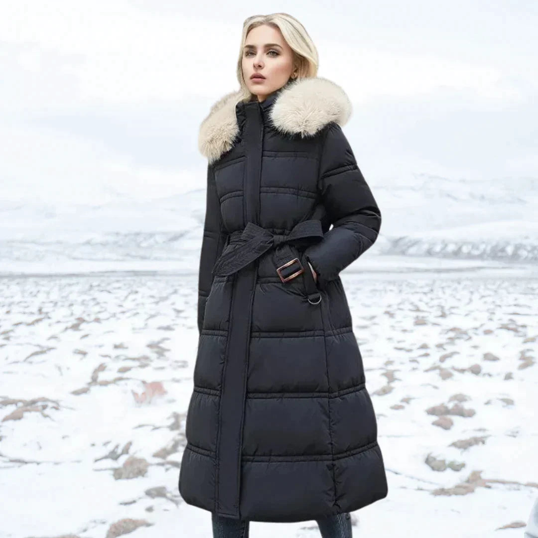 Long Down Jacket for Women – Warm and Light – With Hood and Faux Fur – Zipper Closure