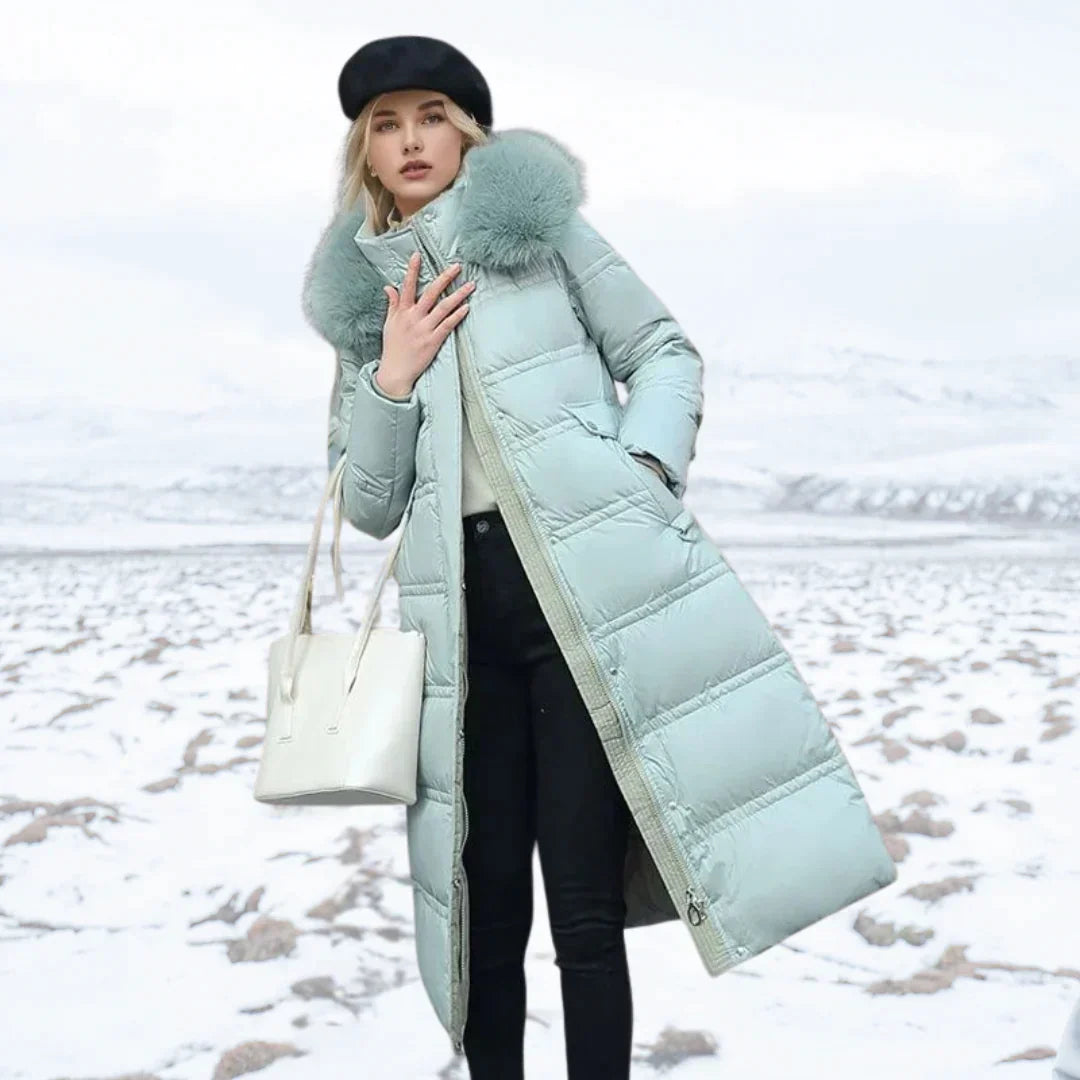 Long Down Jacket for Women – Warm and Light – With Hood and Faux Fur – Zipper Closure