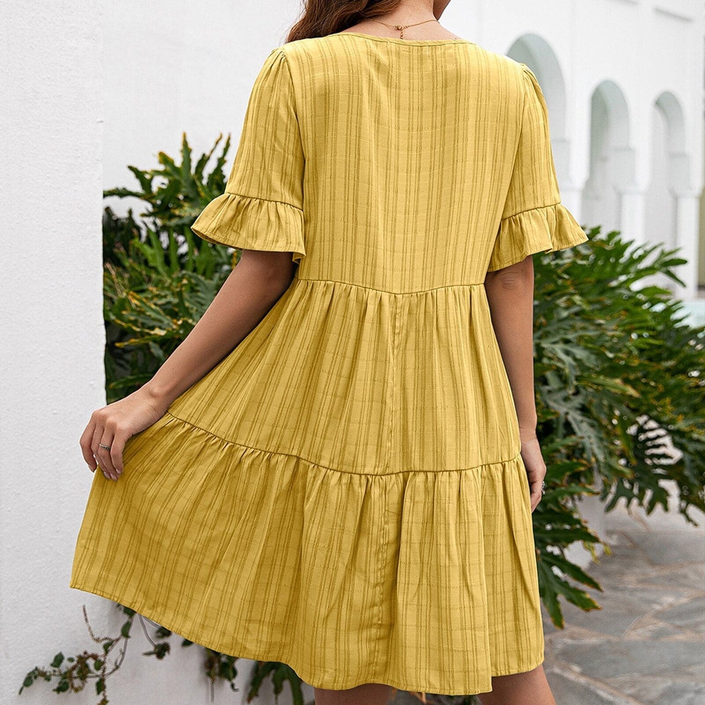 Women's Dress - Bohemian A-line - Short Sleeve with Ruffle - V-neck with Tie - Loose Fit