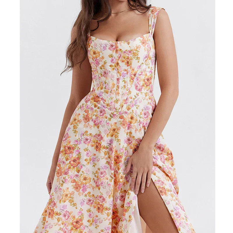 Dress for Women – Midi Length – Fitted Bodice – Floral Print – Side Slit
