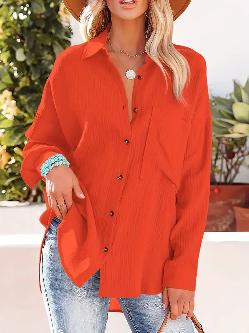Women's Blouse – Relaxed Fit – Crinkled Texture – Long Sleeves with Button Placket