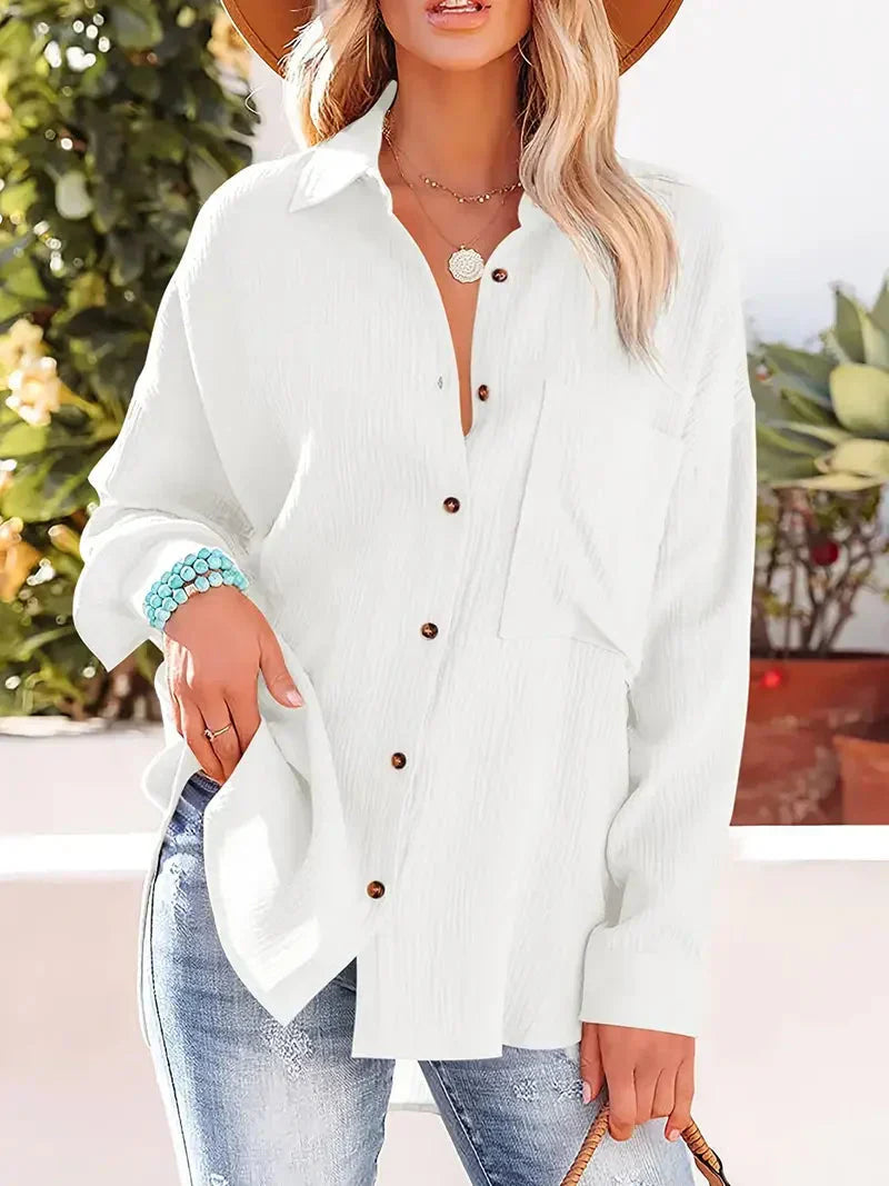 Women's Blouse – Relaxed Fit – Crinkled Texture – Long Sleeves with Button Placket