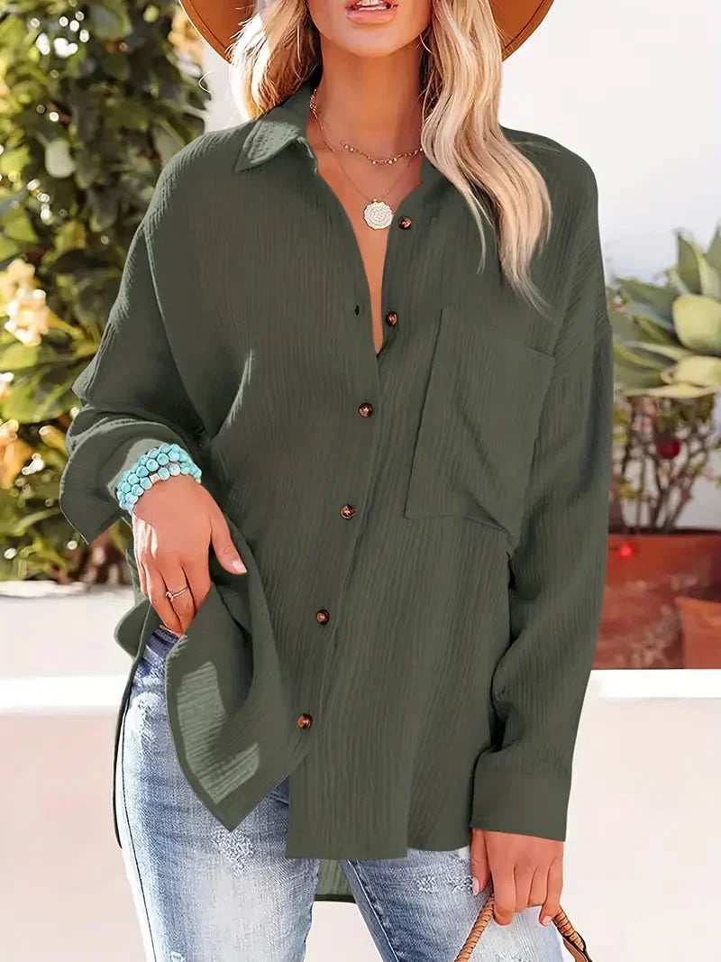 Women's Blouse – Relaxed Fit – Crinkled Texture – Long Sleeves with Button Placket
