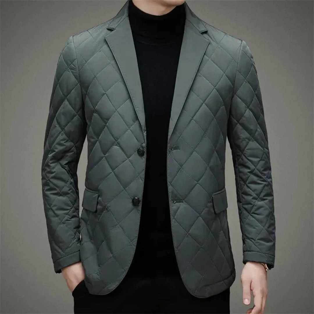 Men's Quilted Jacket – Slim Fit – Diamond Pattern – Button Closure – Notch Lapel