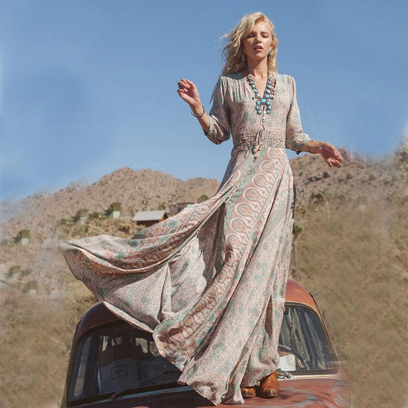 Dress woman – Maxi dress bohemian style – Relaxed fit – 3/4 sleeves – V-neck – Buttons