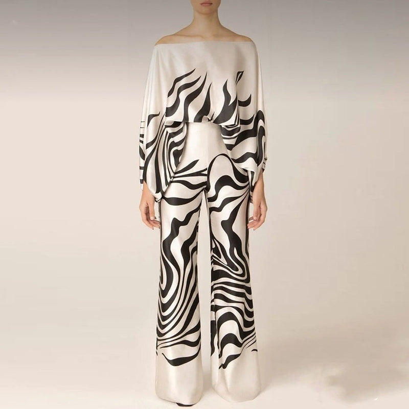 Women's Set with Blouse and Pants – Silk – Loose Fit – One Shoulder – Wide Legs