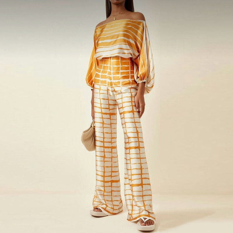 Women's Set with Blouse and Pants – Silk – Loose Fit – One Shoulder – Wide Legs