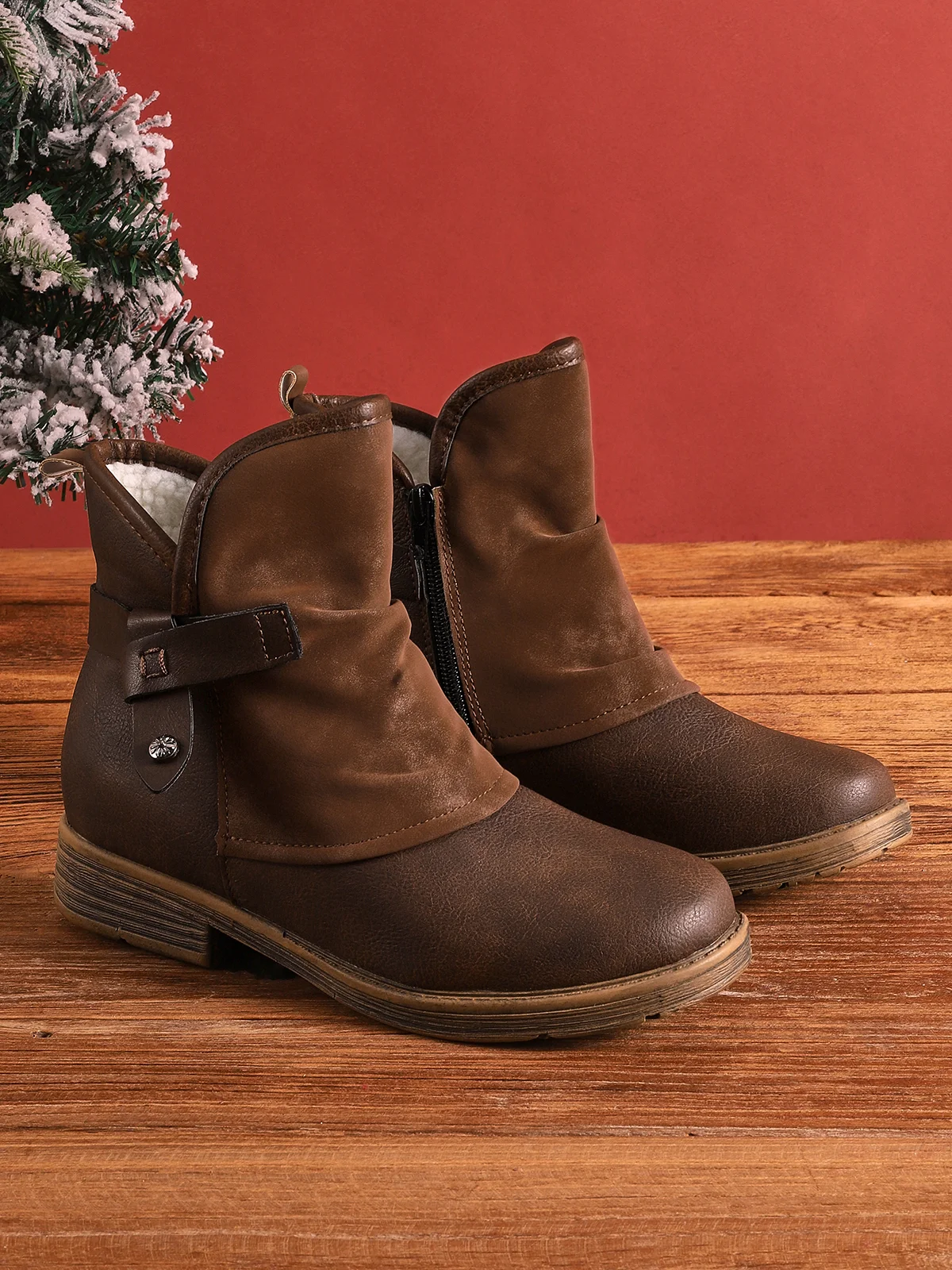 Women's Ankle Boots – Leather and Suede – Low Heel – Decorative Straps and Studs