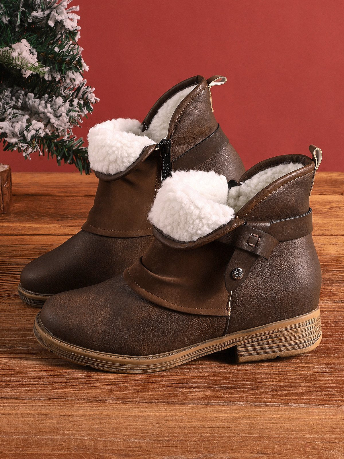 Women's Ankle Boots – Leather and Suede – Low Heel – Decorative Straps and Studs