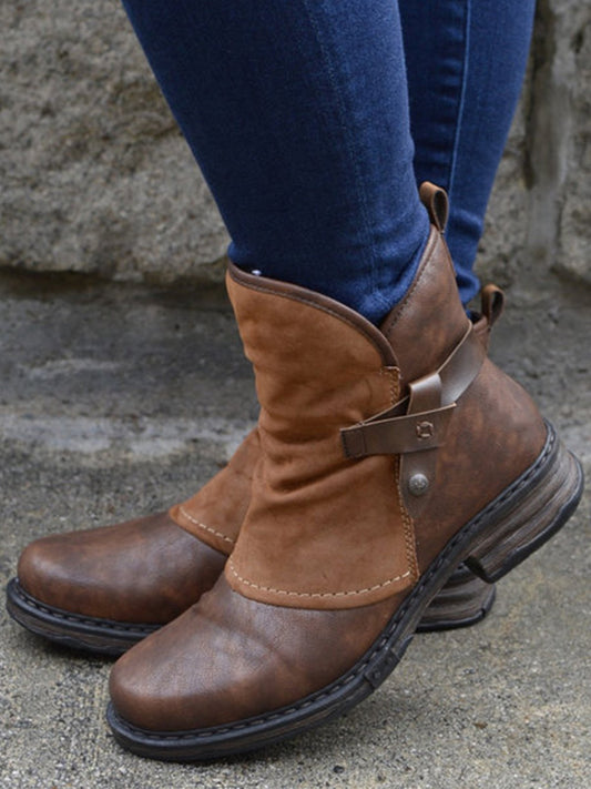 Women's Ankle Boots – Leather and Suede – Low Heel – Decorative Straps and Studs