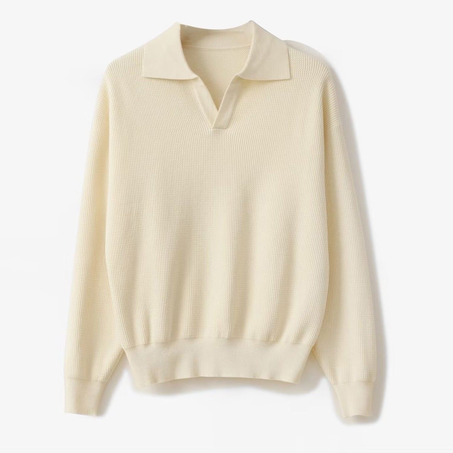 Men's Sweater – Polo Collar – Relaxed Fit – Knitted Wool – Long Sleeves Ribbed Edges