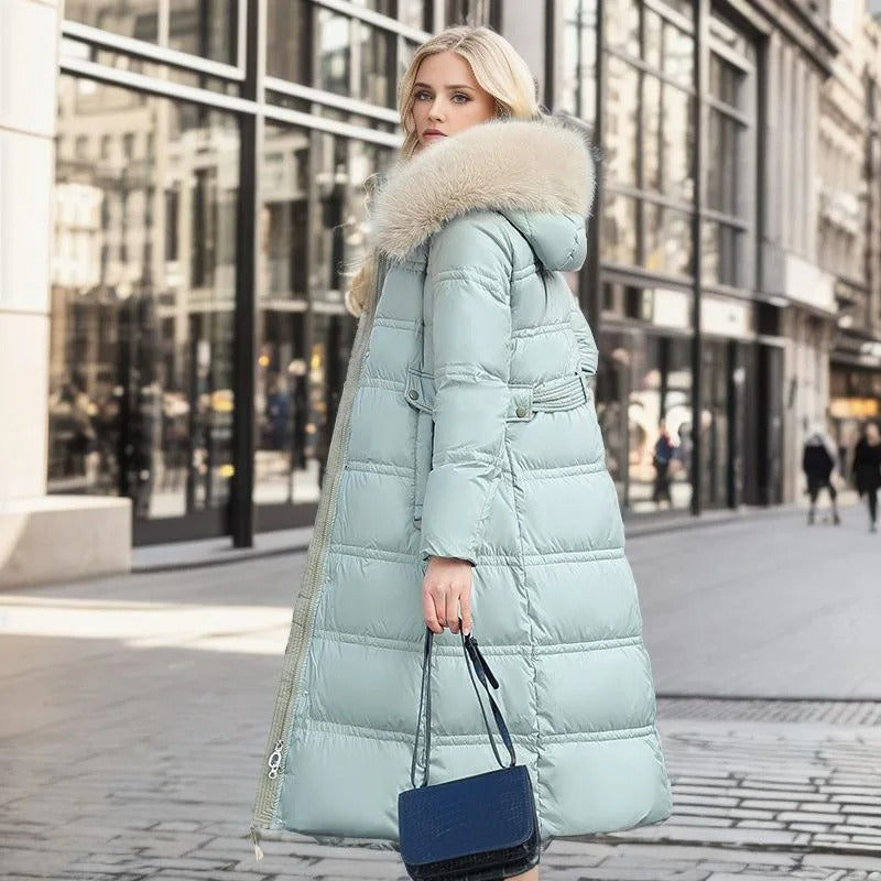 Dame Lang Vinterjakke - Pufferdesign - Faux Pels Hette - Belte Midje - Varm og Isolerende