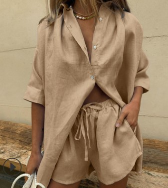 Dame Todelt Sett - Oversized Skjorte & Shorts - Myk Bomull - Avslappet Passform