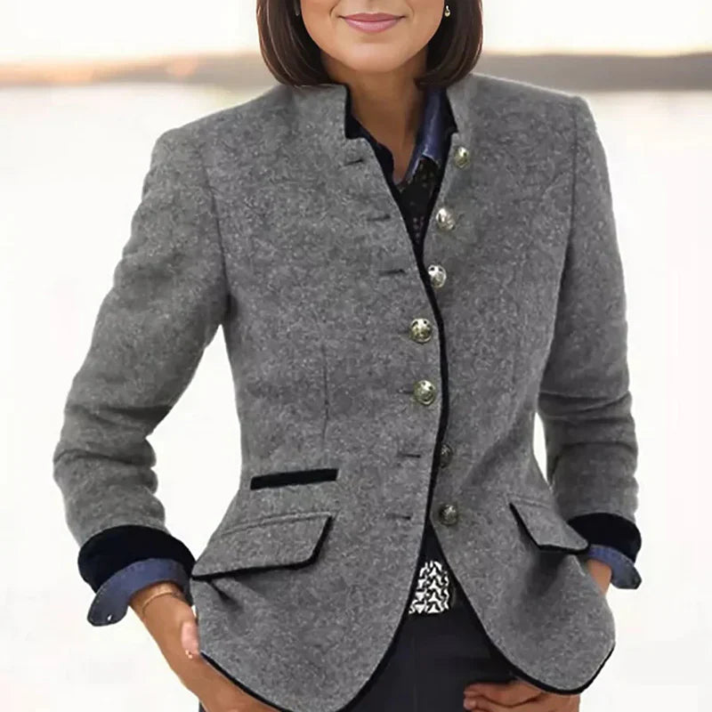 Women's Blazer – Tailored Wool Blend – Stand Collar – Single-Breasted – Flap Pockets