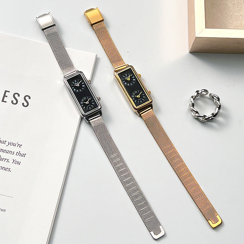 Aurora Rectangular Dual Time Wristwatch | Mesh Band Wristwatch