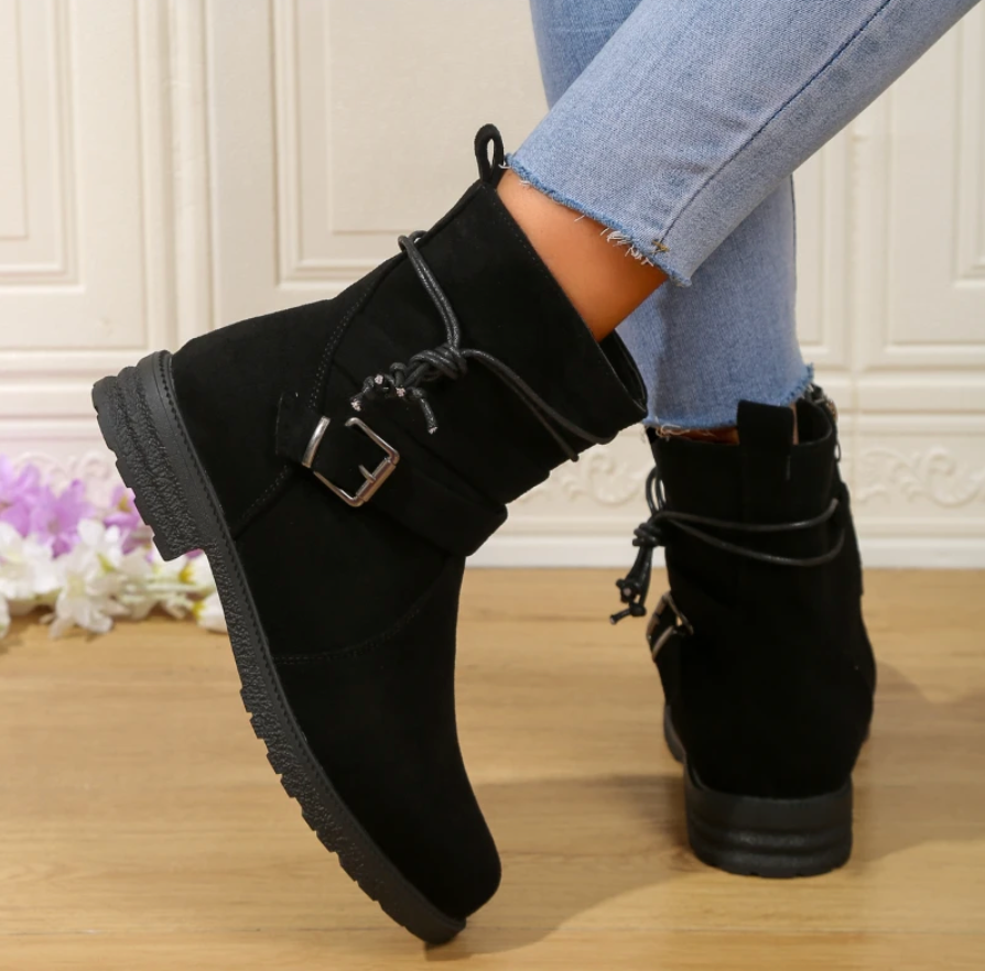 Women's Ankle Boots – Suede Leather – Round Toe – Zipper and Decorative Buckle
