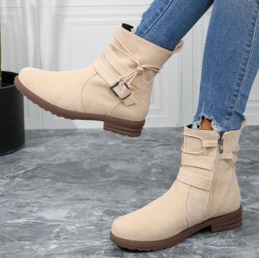 Women's Ankle Boots – Suede Leather – Round Toe – Zipper and Decorative Buckle