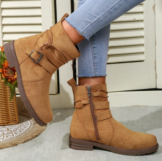Women's Ankle Boots – Suede Leather – Round Toe – Zipper and Decorative Buckle