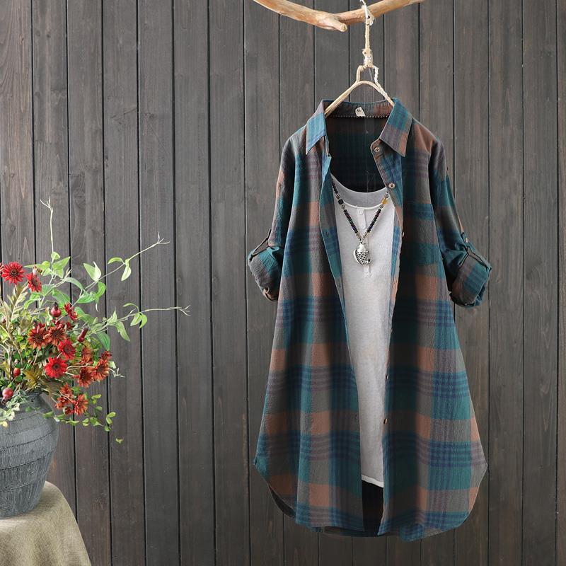 Women's Blouse – Relaxed Fit – Natural Fibers – Check Pattern – Tunic Length