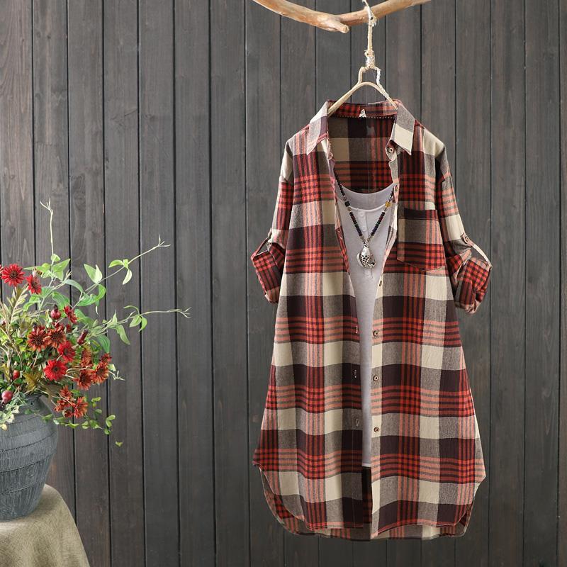 Women's Blouse – Relaxed Fit – Natural Fibers – Check Pattern – Tunic Length