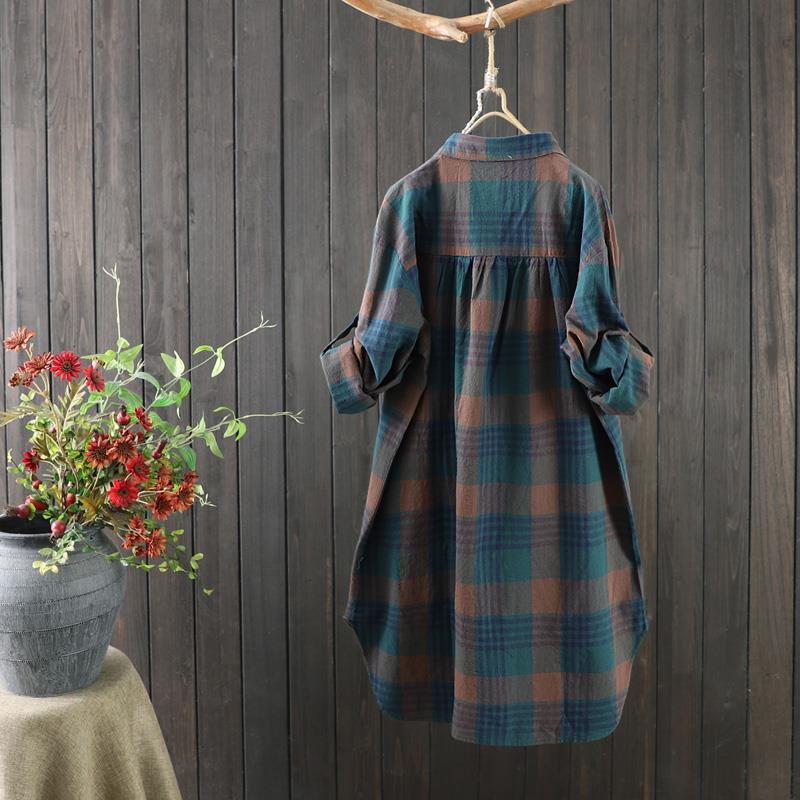 Women's Blouse – Relaxed Fit – Natural Fibers – Check Pattern – Tunic Length