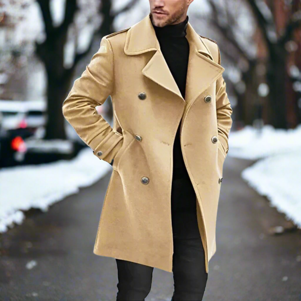 Men's Coat - Double-Breasted Wool Blend - Knee-Length - Tailored Fit - Classic Cut