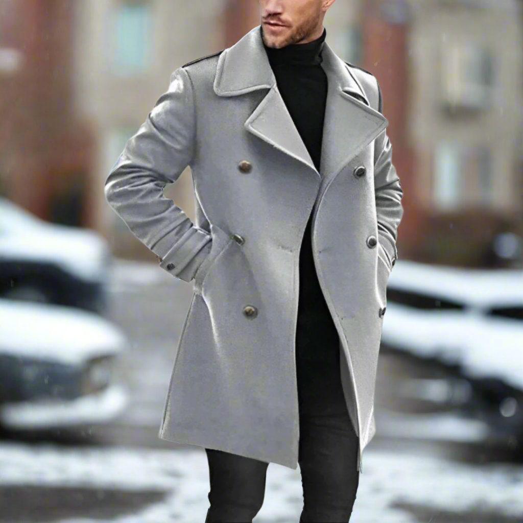 Men's Coat - Double-Breasted Wool Blend - Knee-Length - Tailored Fit - Classic Cut