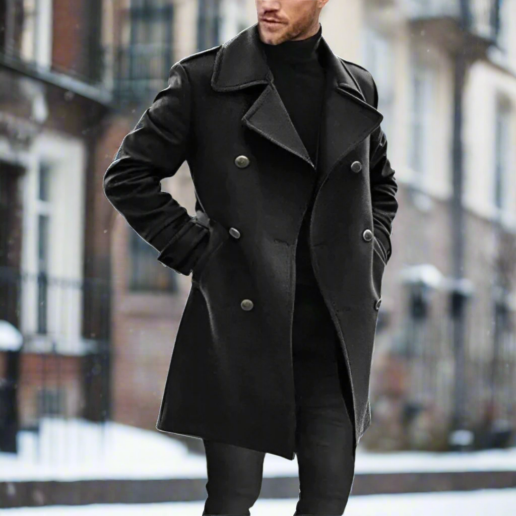 Men's Coat - Double-Breasted Wool Blend - Knee-Length - Tailored Fit - Classic Cut