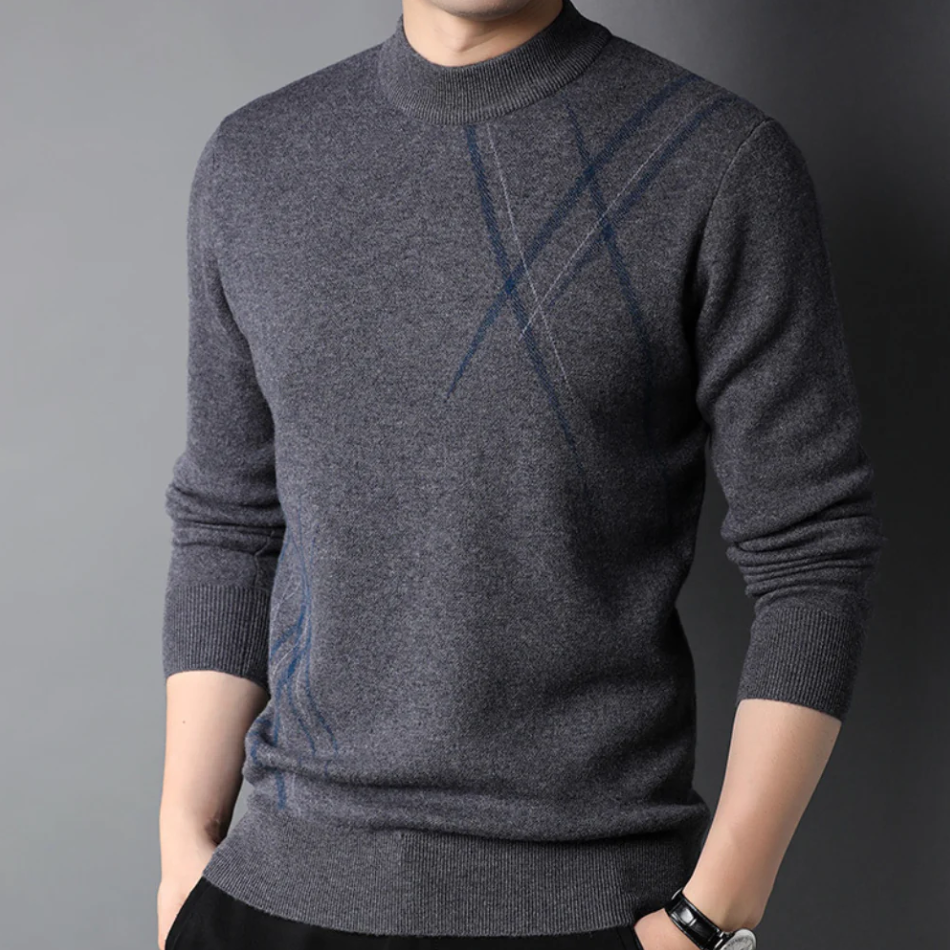 Men's Sweater – Slim Fit Wool Blend – Abstract Pattern – Ribbed Edges