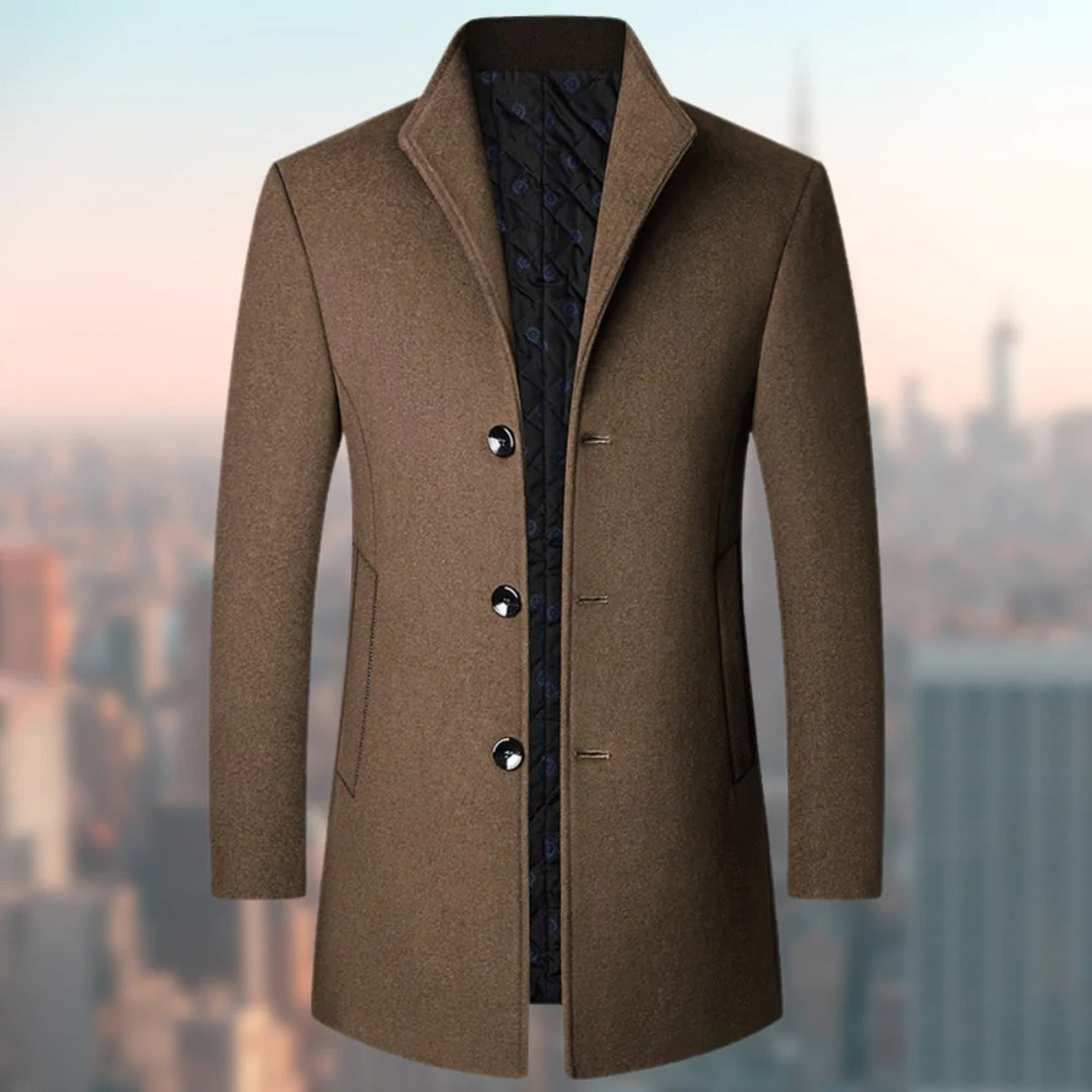 Men's Long Coat – Tailored Fit – Wool Blend – Single Breasted – Quilted Lining