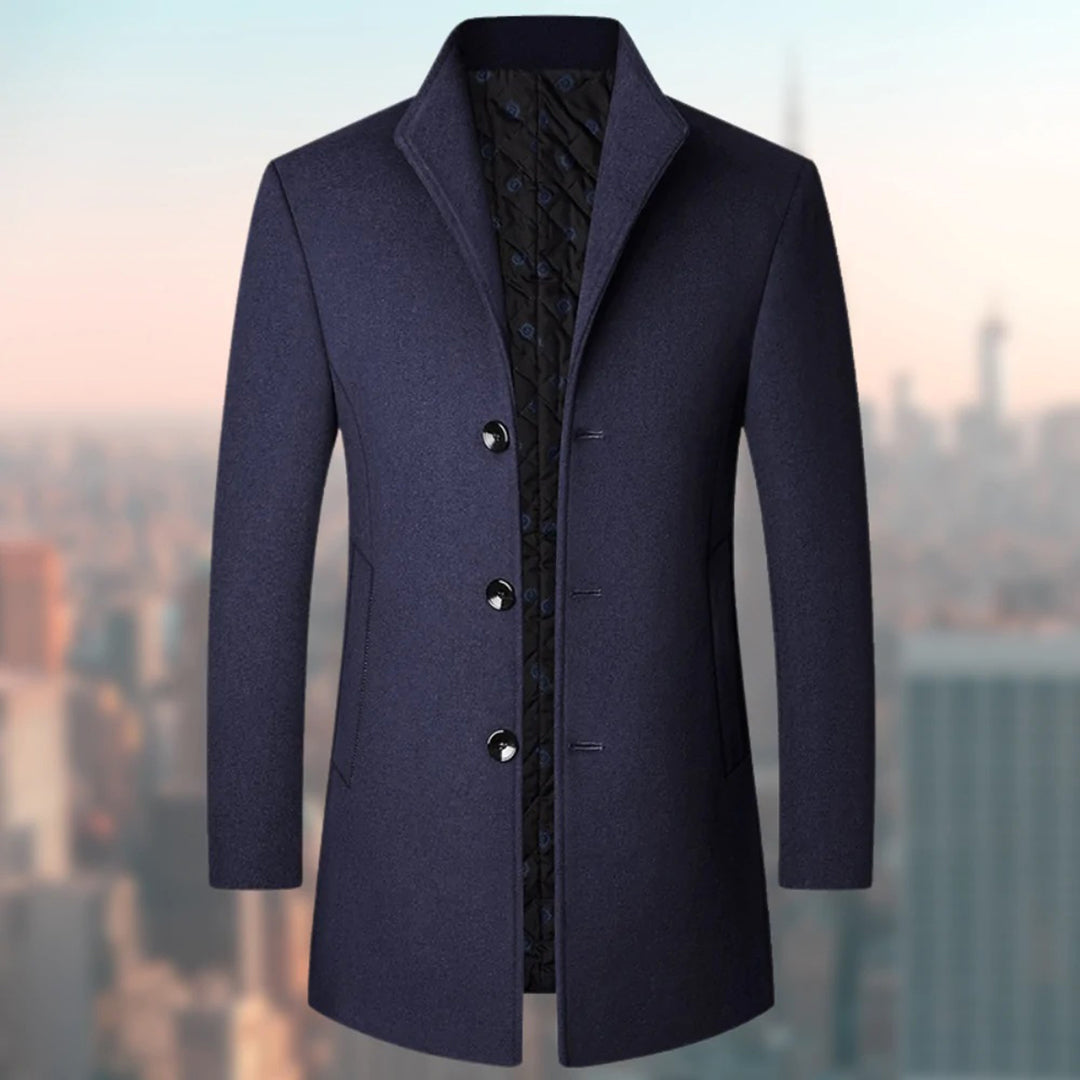 Men's Long Coat – Tailored Fit – Wool Blend – Single Breasted – Quilted Lining
