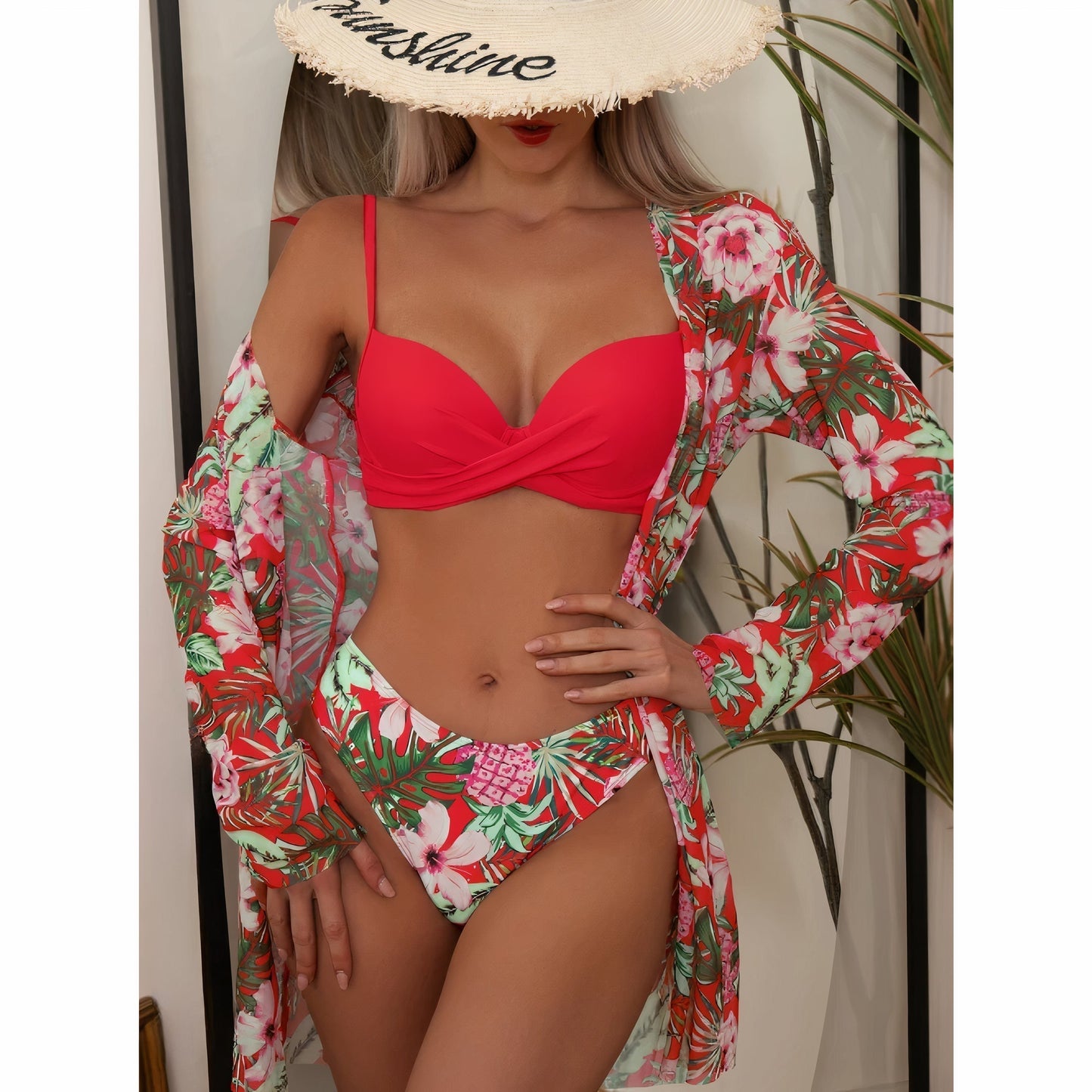 Women's Bikini Set – Twist Detail Top – Moderate Coverage – Floral Sheer Overlay